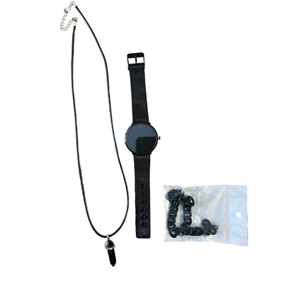 Black Onyx Necklace, Chain Bracelet & Black Leather Watch Set With Adjustable Ba